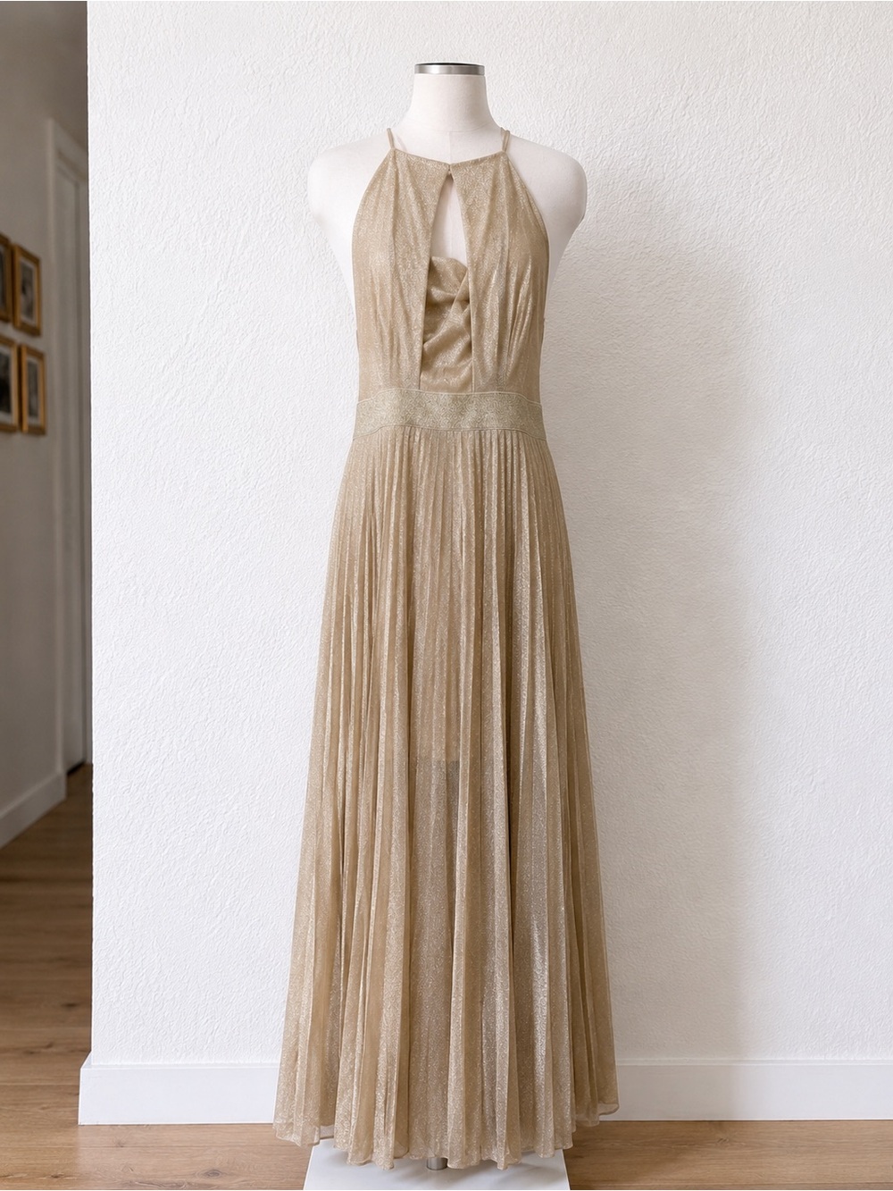 Coast Champagne Gold Metallic Pleated Halter Maxi Gown